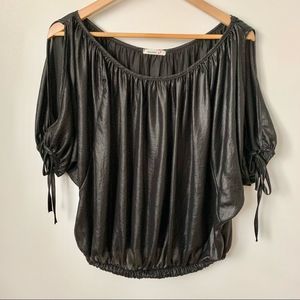 Easel Black Open Sleeve Tie String Blouse